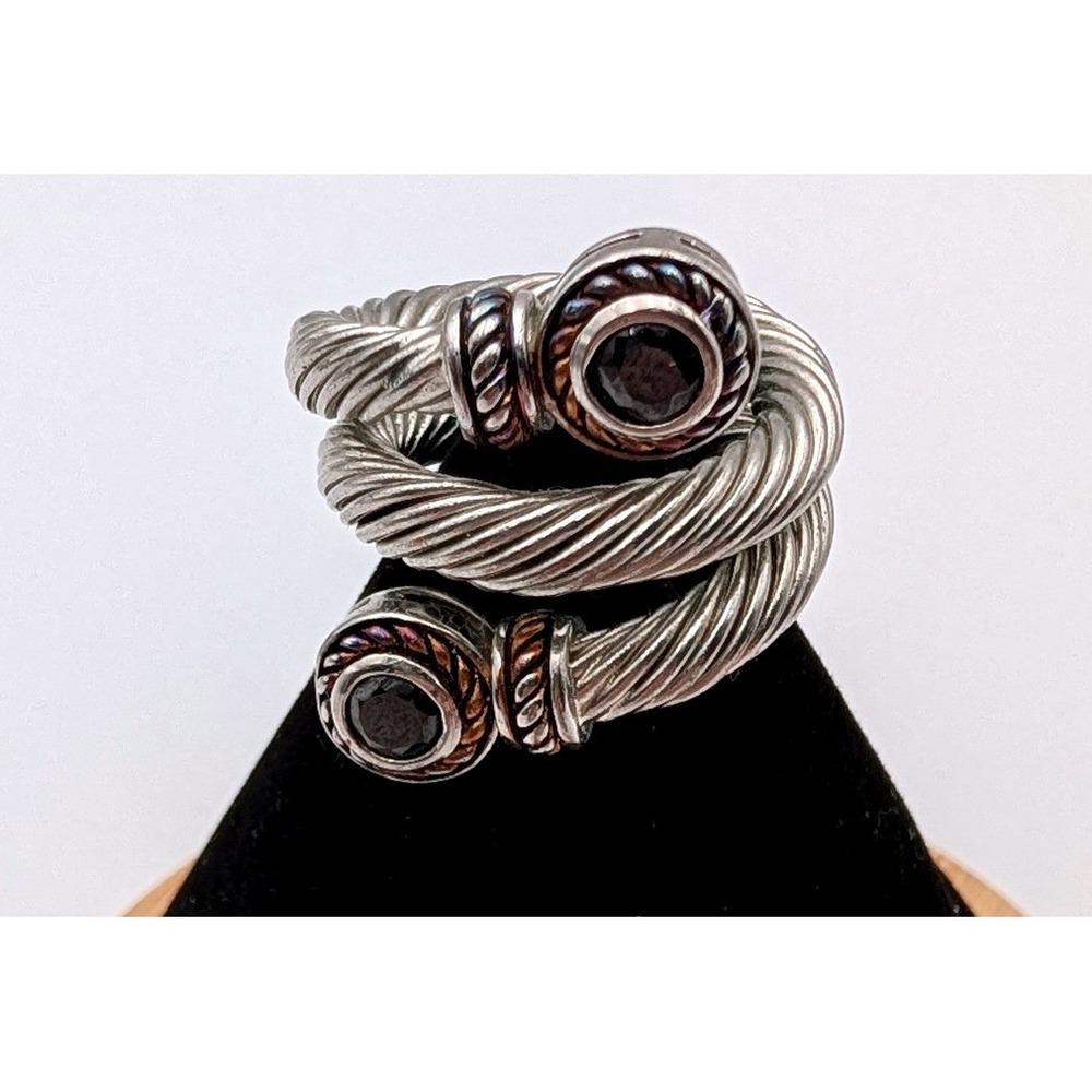 Silver Tone Twisted Cable Bypass Ring Dark Gemstone Accents Size 7.5 Statementโ